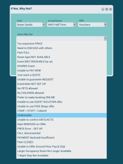 A dropdown list from Pontins' intranet showing the list of reasons why a booking might be declined. The 'undesirable' reason is highlighted.