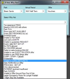 A screenshot of a computer screen with the dropdown list of reasons why Pontins rejected guests' bookings.