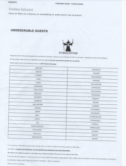 A photograph of the printed list of 40 surnames of Irish origin.